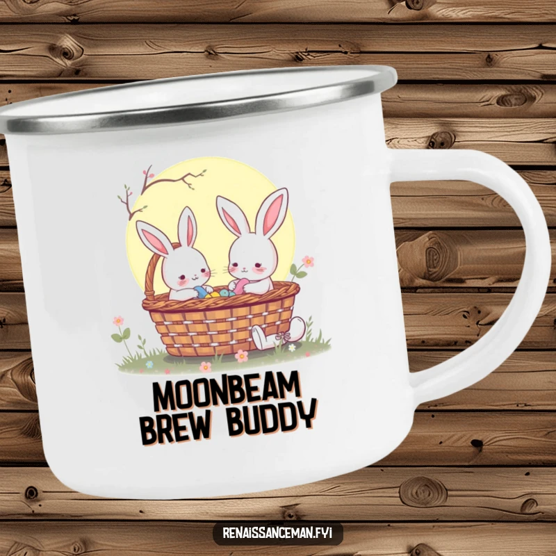 Funny rabbit sharing a moonlit picnic basket on a camping mug, perfect for outdoor adventures and magical beverages.