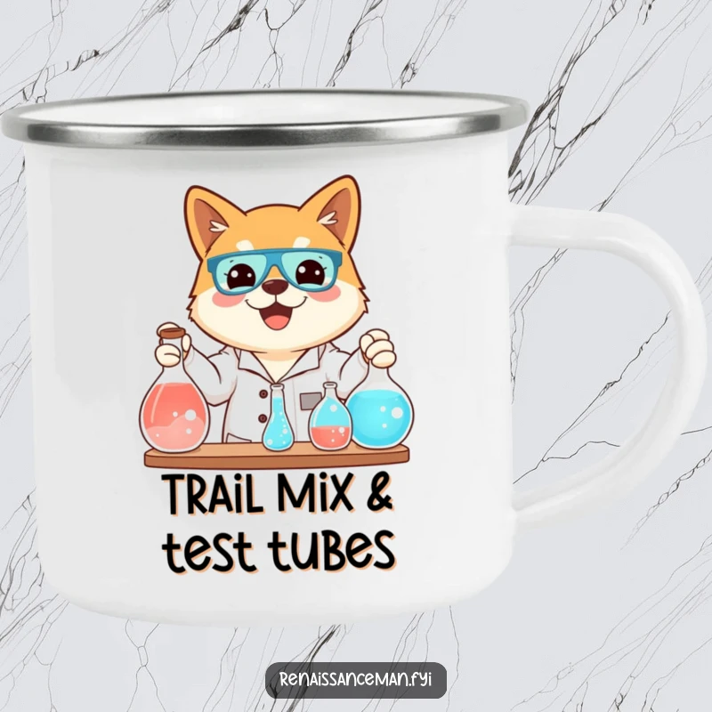 Funny camping mug with a beaming Shiba Inu conducting a science experiment, perfect for outdoor adventures and scientific minds.