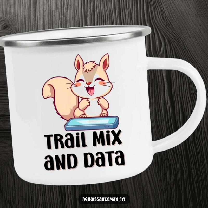 Funny delighted squirrel tapping a glowing screen with excitement, perfect for sipping coffee by the campfire in this camping mug.