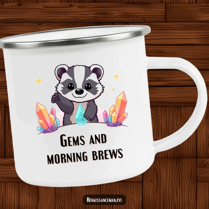 Funny Beaming Badger Reaching for Distant Colorful Crystal Formation, Enamel Camping Mug, Humorous Outdoor Gear.