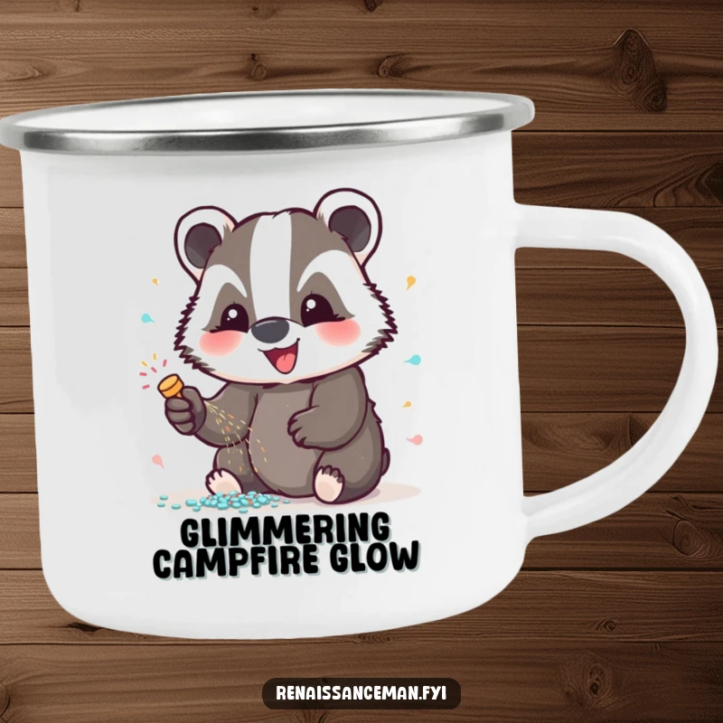 Funny badger glitter camping mug, enamelware featuring a delighted badger adding glitter to an adventure, combining durability with humorous sparkle, great gift.
