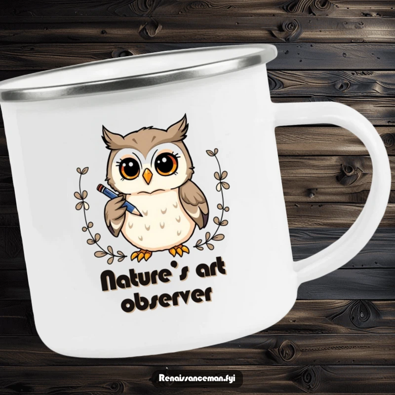 Funny camping mug: A curious owl draws a decorative border with a pen, perfect for outdoor artists.
