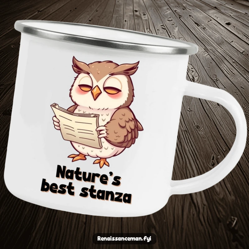 Funny camping mug featuring a giggling owl reciting poetry, perfect for outdoor enthusiasts who love literary humor.