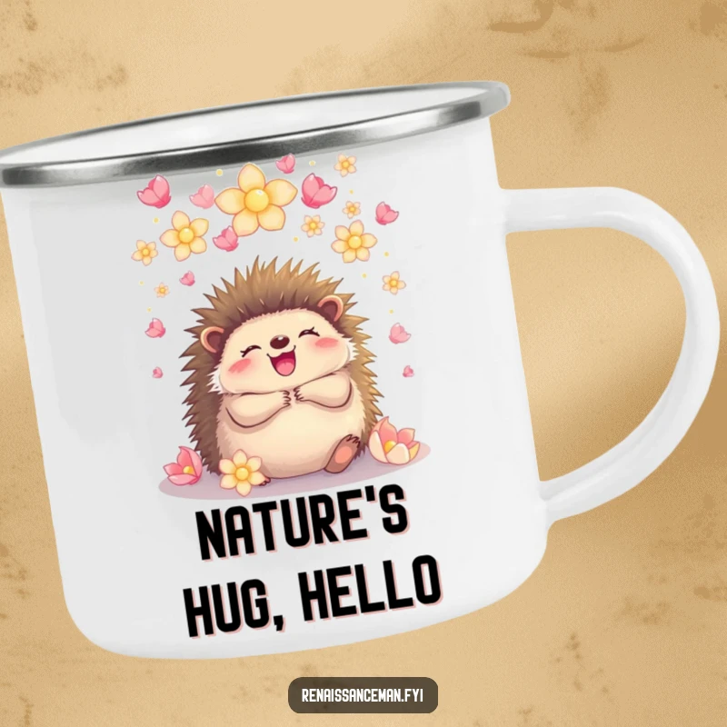 Funny hedgehog embracing under glowing petals, a camping mug perfect for enjoying beverages while embracing the joy of the outdoors.