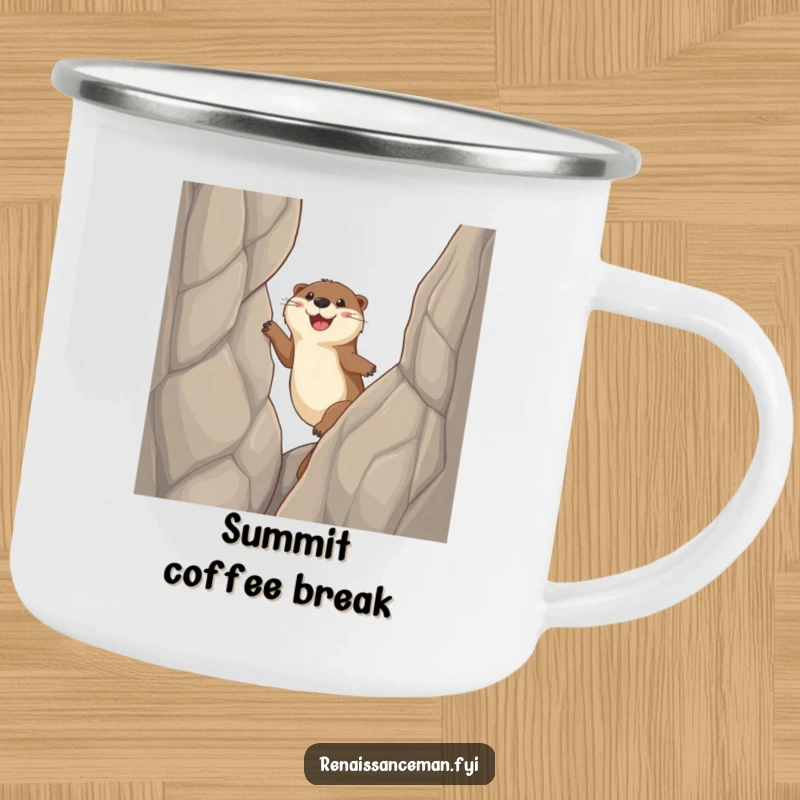 Funny otter camping mug, a happy otter character scales a sheer cliff with sticky paws, ready for outdoor challenges.