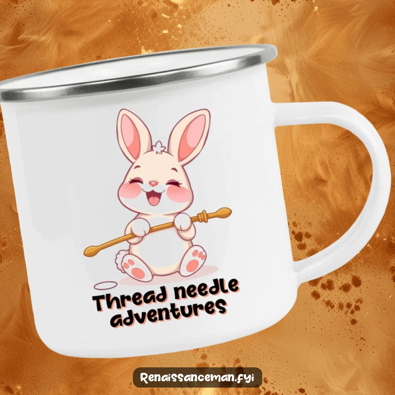 Funny camping mug showing a cheerful bunny character beaming with glee while threading a large needle.