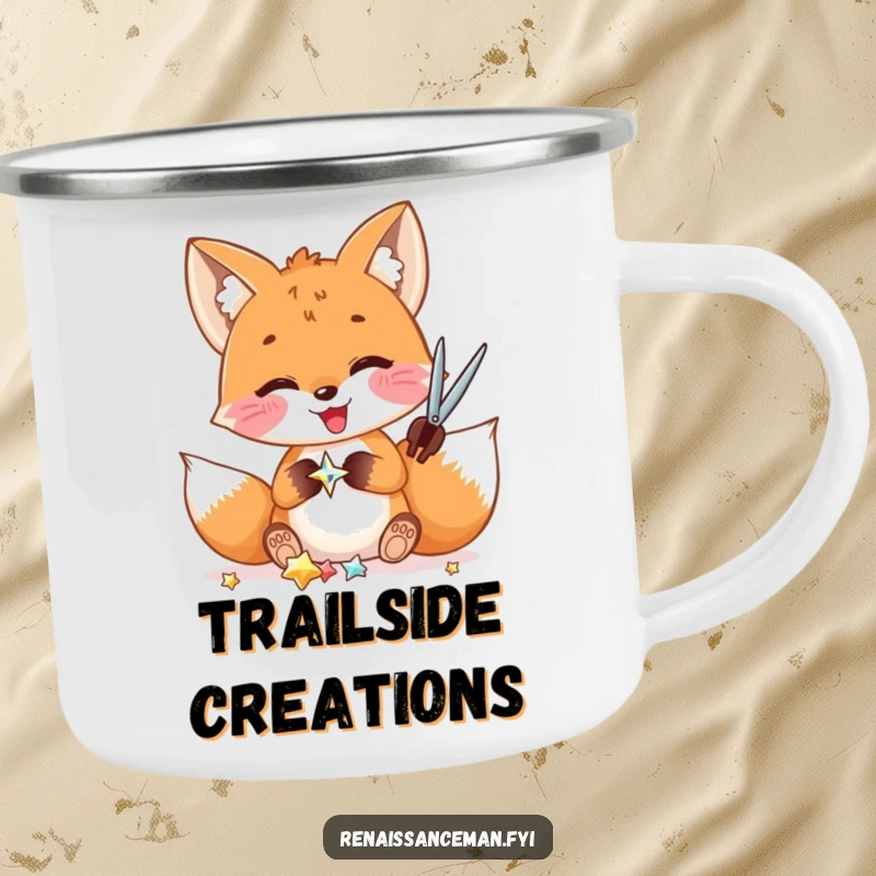 Funny camping mug: A delighted fox cuts a shiny embellishment, perfect for outdoor crafting and coffee lovers.