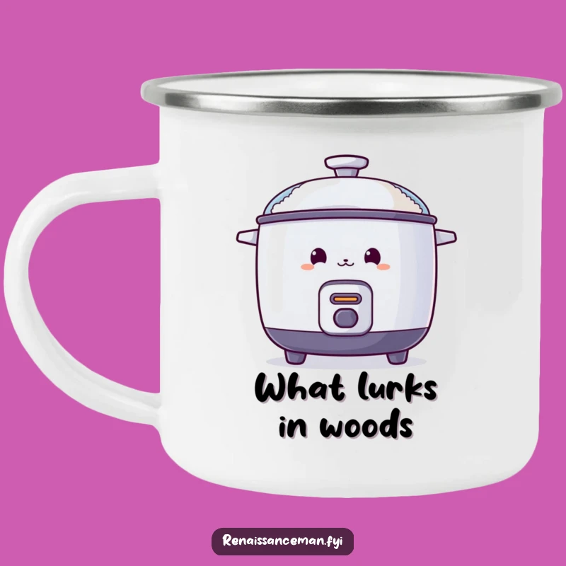 Enjoy your outdoor adventures with this funny camping mug. The curious rice cooker adds a touch of mystery to your brew.