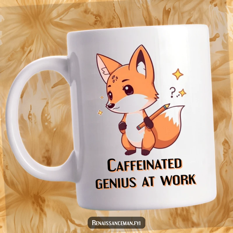Funny fox mug, showing a determined fox confidently sketching a new idea with a pencil, perfect for inspiring creativity and as a great gift.