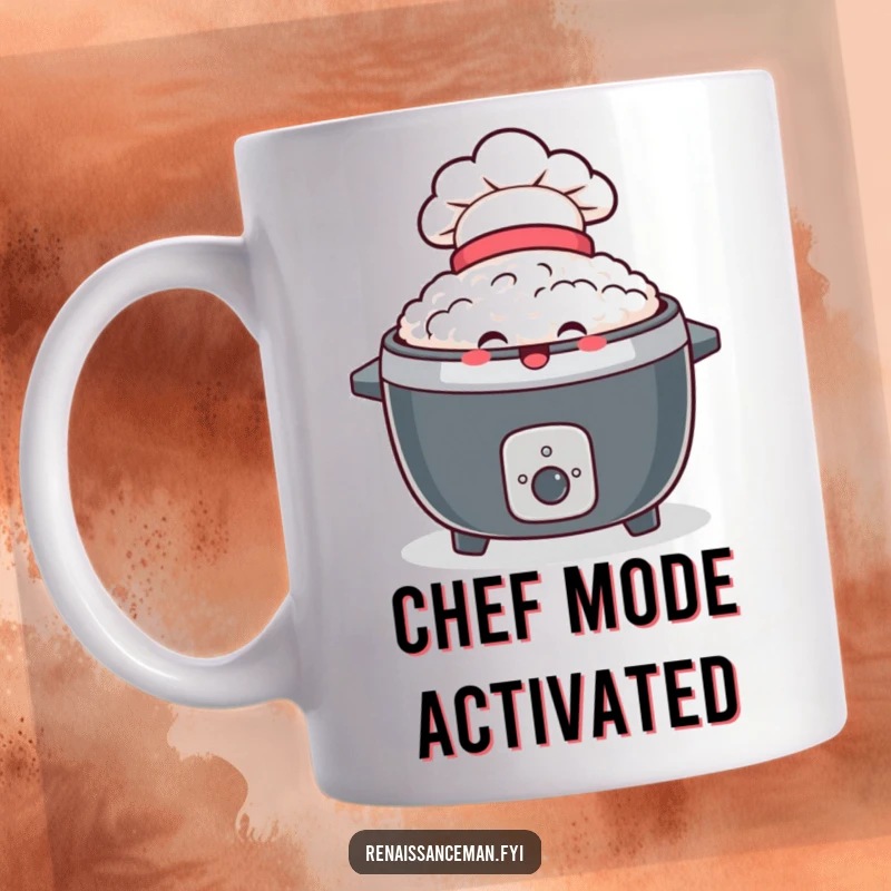Funny mug featuring a delighted rice cooker wearing a tiny chef hat and beaming brightly, radiating culinary joy.
