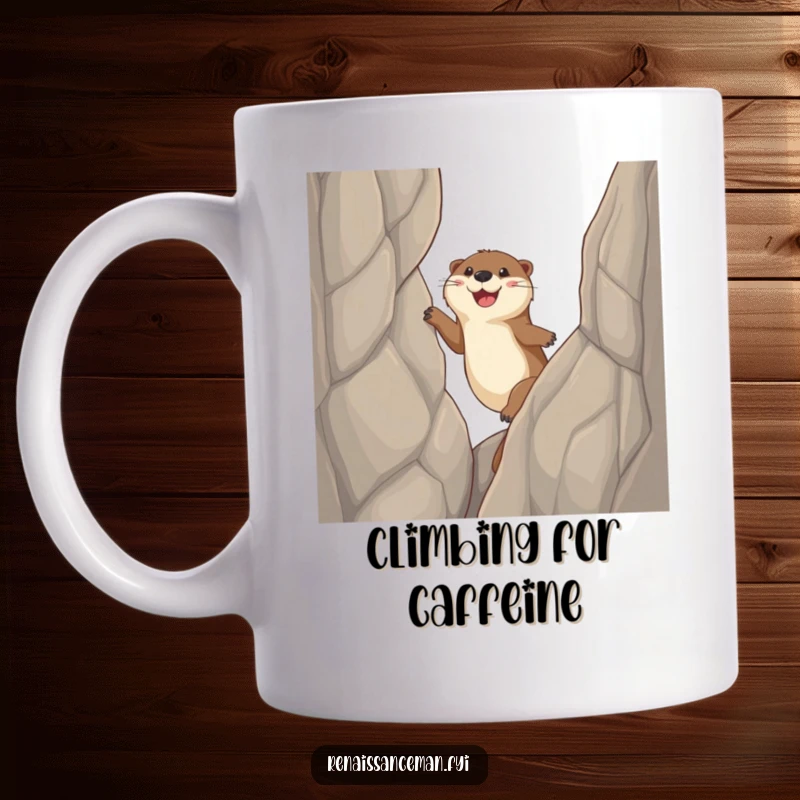 Funny otter mug, a happy otter character joyfully scales a steep cliff face using its sticky paws, demonstrating persistence and cheer.