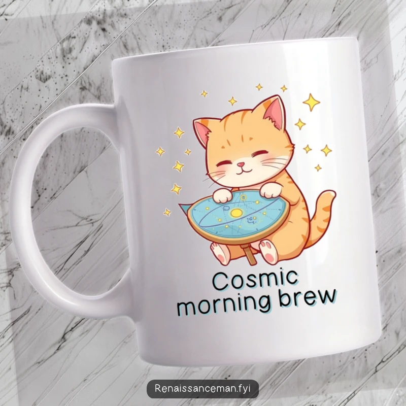 Funny cat mug, intently examining a celestial map dotted with stars, looking curious and intelligent, space-themed, perfect for cat lovers.