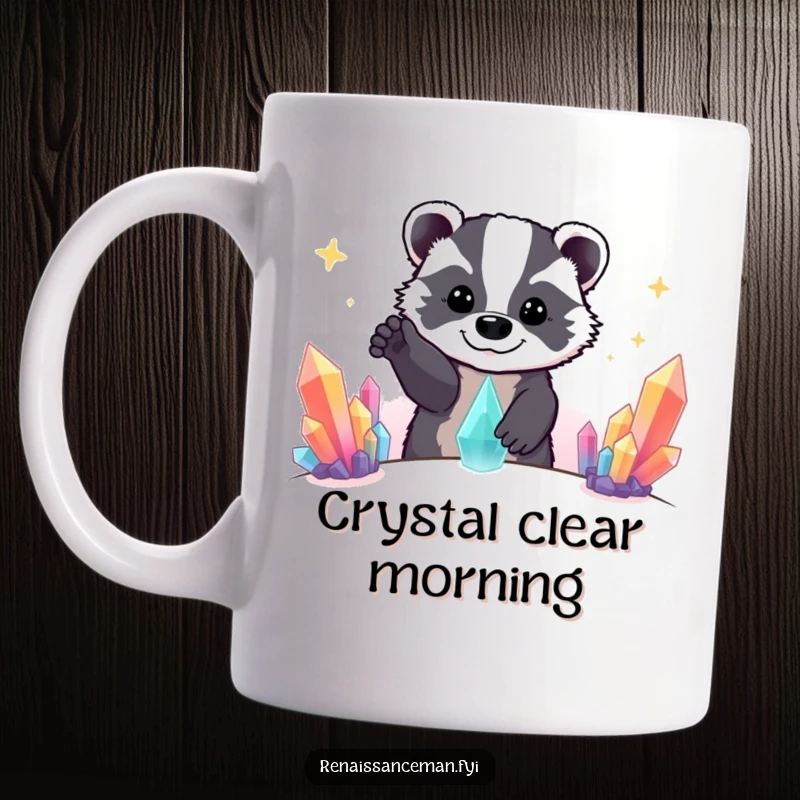 Funny Beaming Badger Reaching for a Distant Colorful Crystal Formation, Humorous Mug for Explorers.