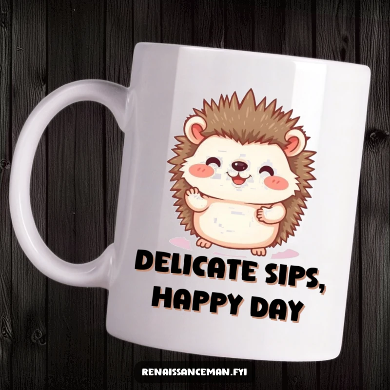 Funny hedgehog mug, showing a joyful hedgehog gently placing a photo, evoking care and sentimentality, perfect for photo lovers and as a thoughtful gift.