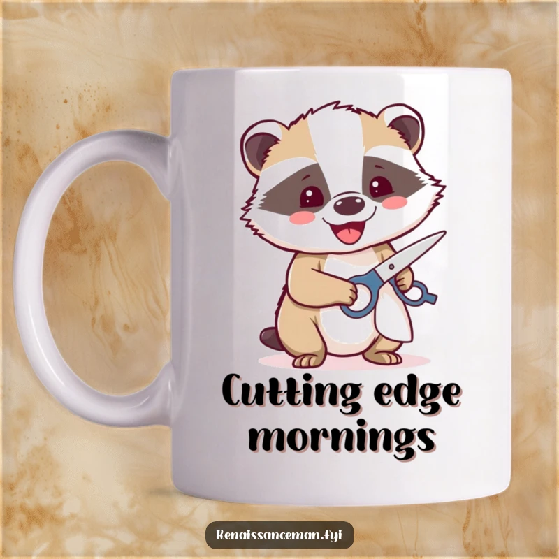 Funny mug showing a beaming badger happily using sharp scissors to cut a piece of fabric with precision and delight.