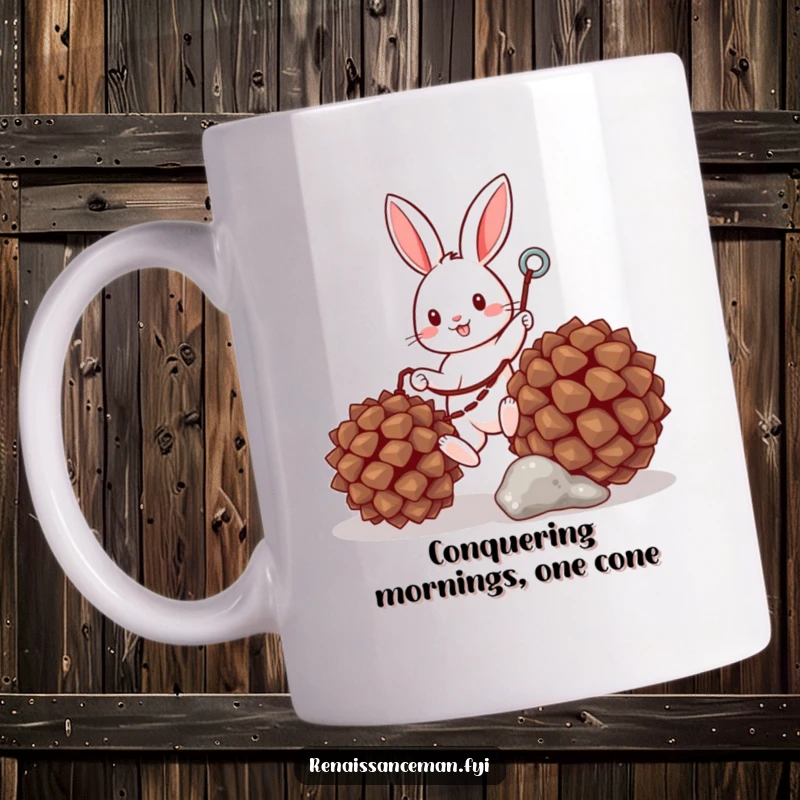 Funny mug featuring a cheerful bunny with a tiny grappling hook climbing a pinecone, showcasing determination and humor.
