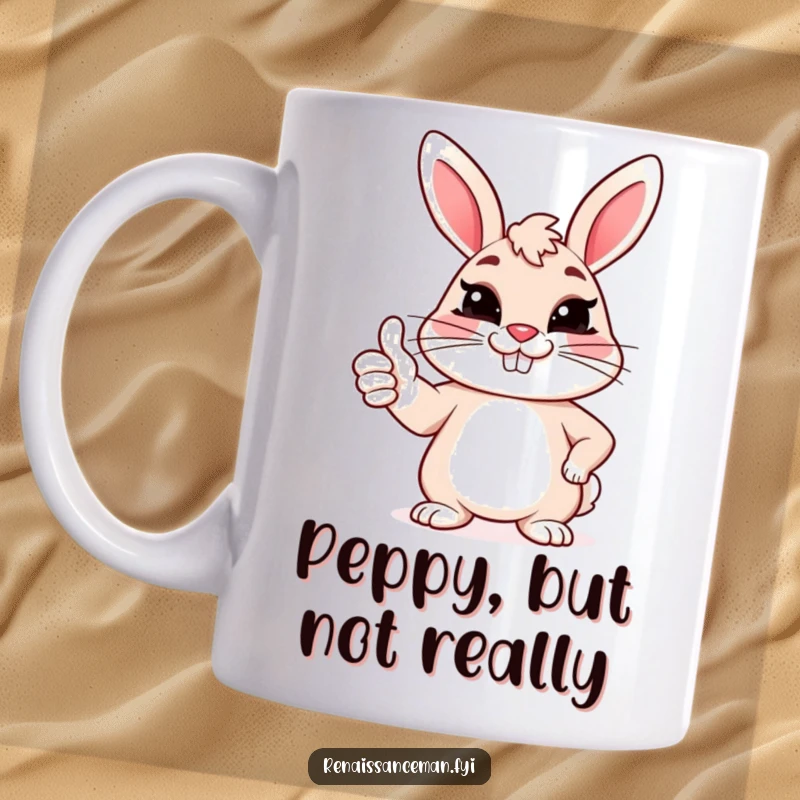 Funny mug featuring a cheerful bunny giving a sarcastic thumbs up with a forced, knowing grin.
