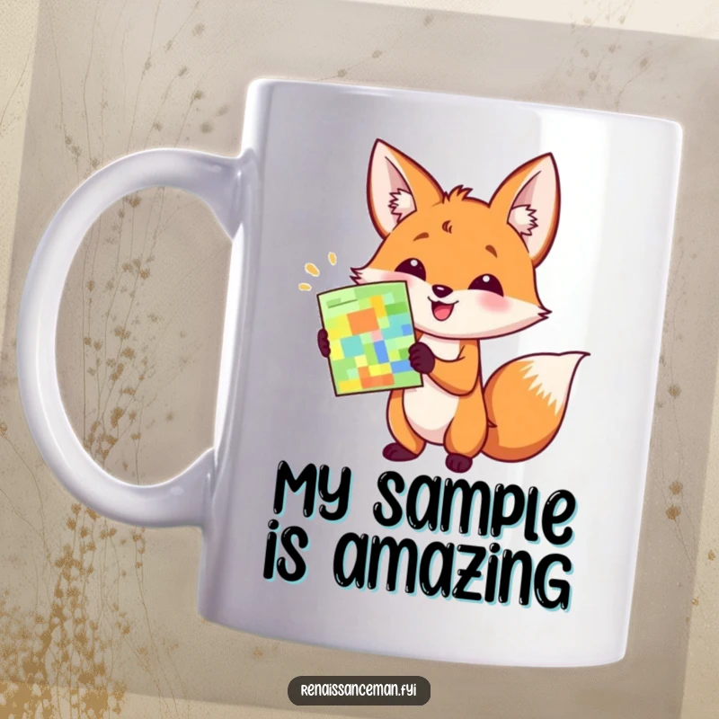 Funny mug of a happy fox enthusiastically presenting a colorful sample with great flair and a proud grin.
