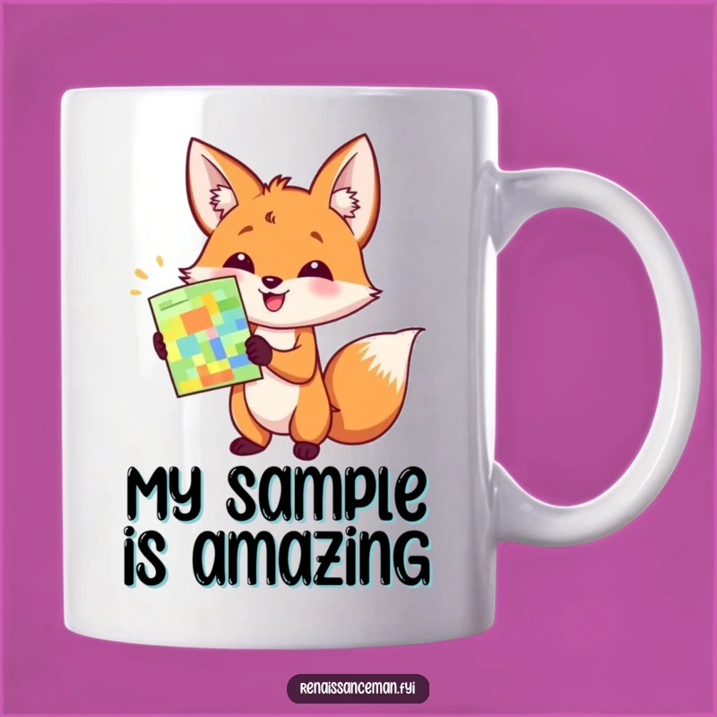 This mug features a happy fox proudly showcasing a colorful sample. Perfect for anyone who loves to present their best ideas with flair.