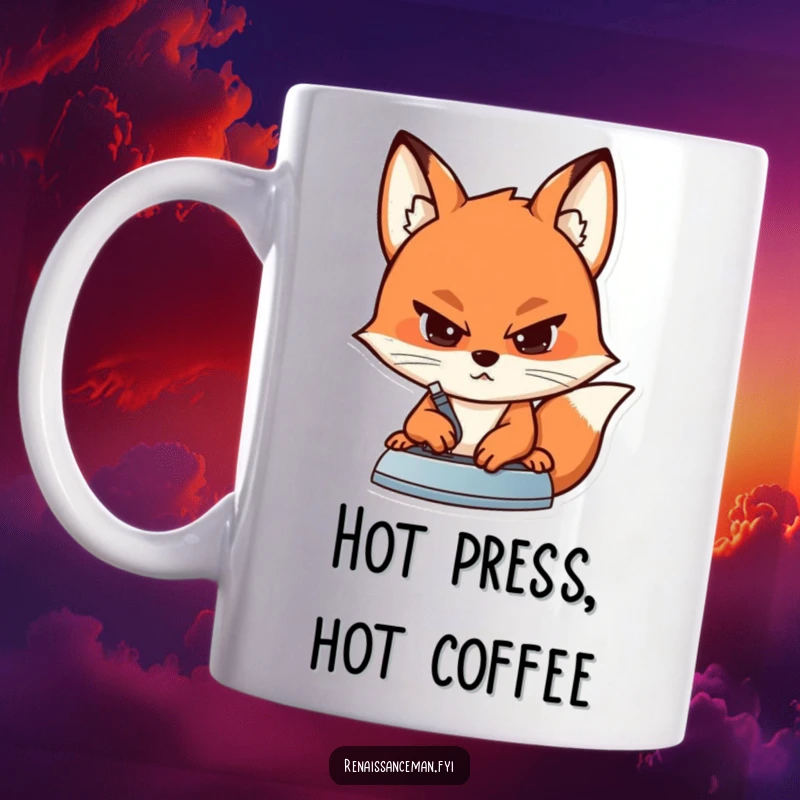 Funny mug showing a determined fox with a focused expression, expertly iron pressing a seam on fabric.