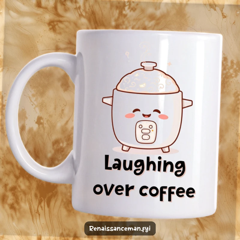 Funny mug featuring a giggling rice cooker with steam swirling playfully, radiating infectious joy and humor.