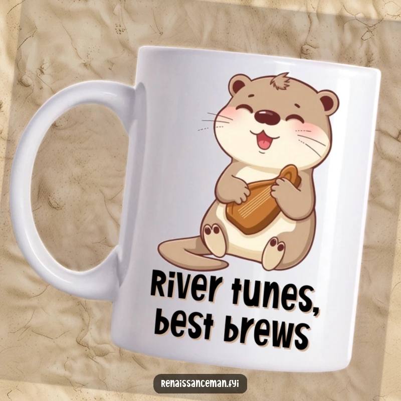 Funny beaming otter playing a gentle tune on a tiny harp, radiating happiness and musical delight on a cheerful mug.