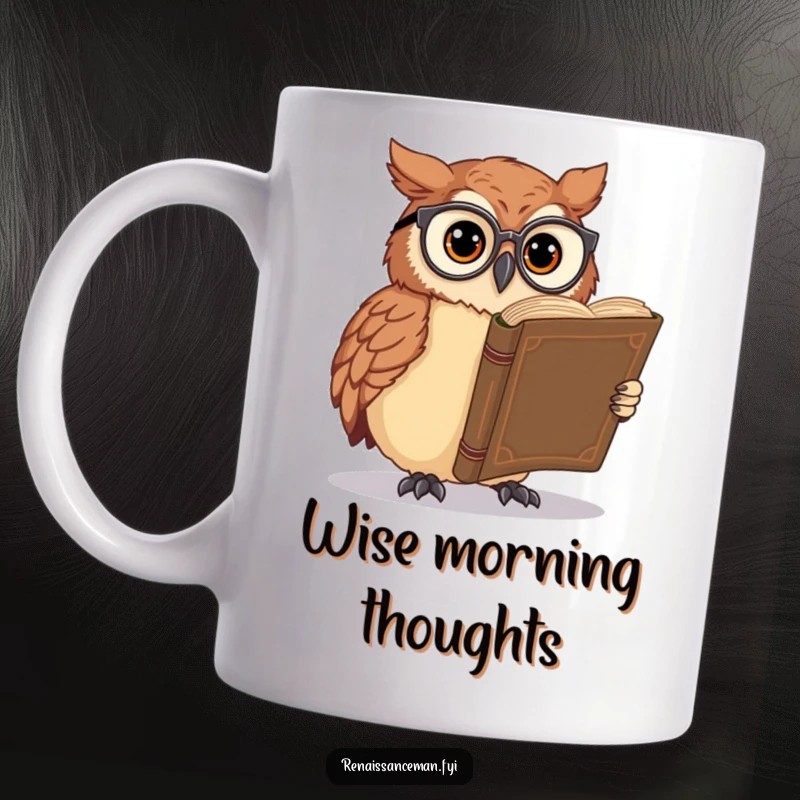 Funny owl mug, wearing spectacles, engrossed in a large, ancient book, symbolizing wisdom and intellectual curiosity, perfect for readers.