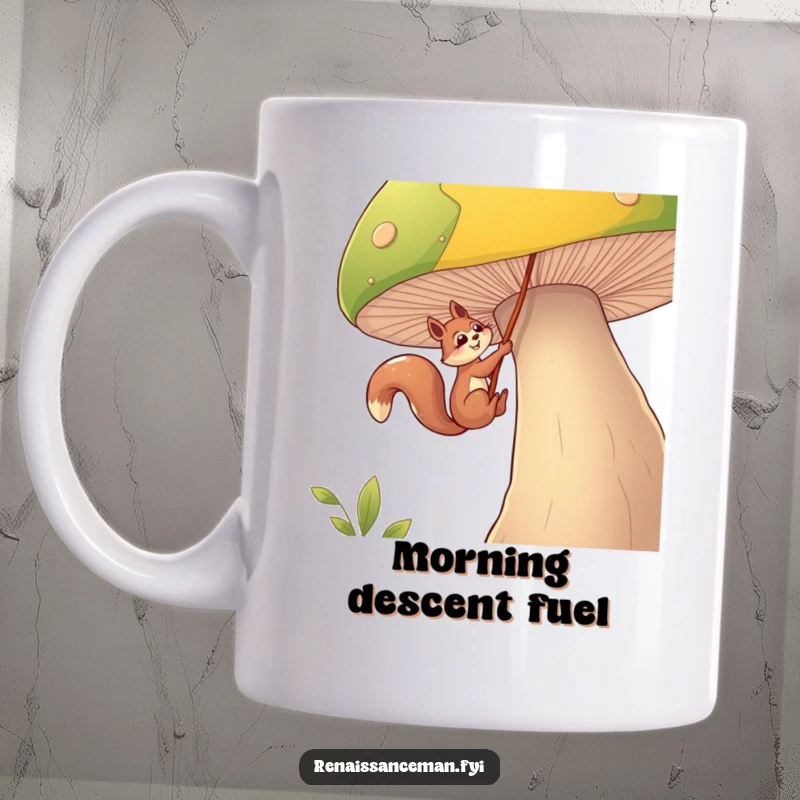Funny squirrel mug, a determined squirrel character rappels down a giant mushroom using a rope, showcasing bravery and a sense of fun.