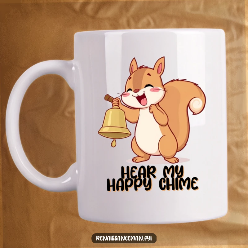 Funny mug of a playful squirrel enthusiastically ringing a large bell with pure delight and energetic joy.