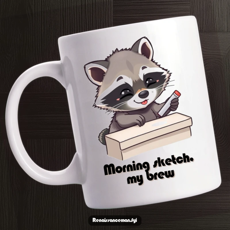 Funny Giggling Raccoon Chalking a Ledge, Preparing for an Epic Climb, Perfect for Coffee Lovers, Humorous Gift.