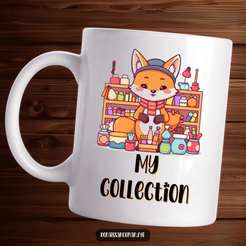 Funny fox merchant mug. A proud fox stands confidently behind a large, impressive display of various items, looking pleased.