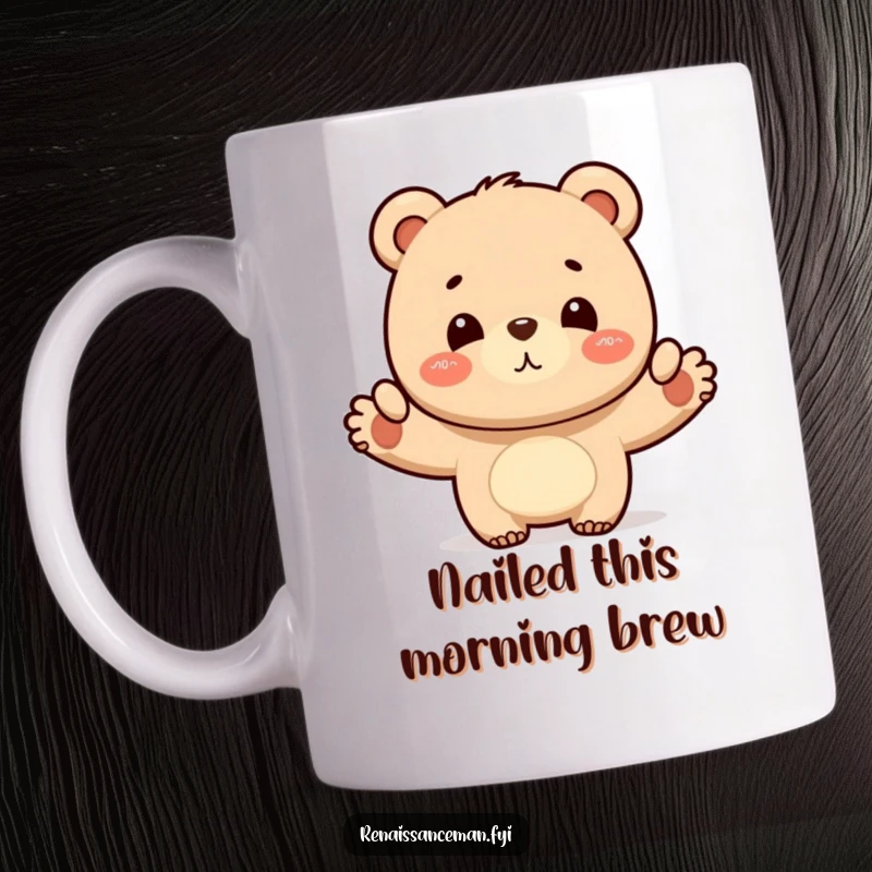 Funny bear mug, showing a proud bear with a satisfied nod, showcasing a completed layout, perfect for celebrating achievements and as a great gift.
