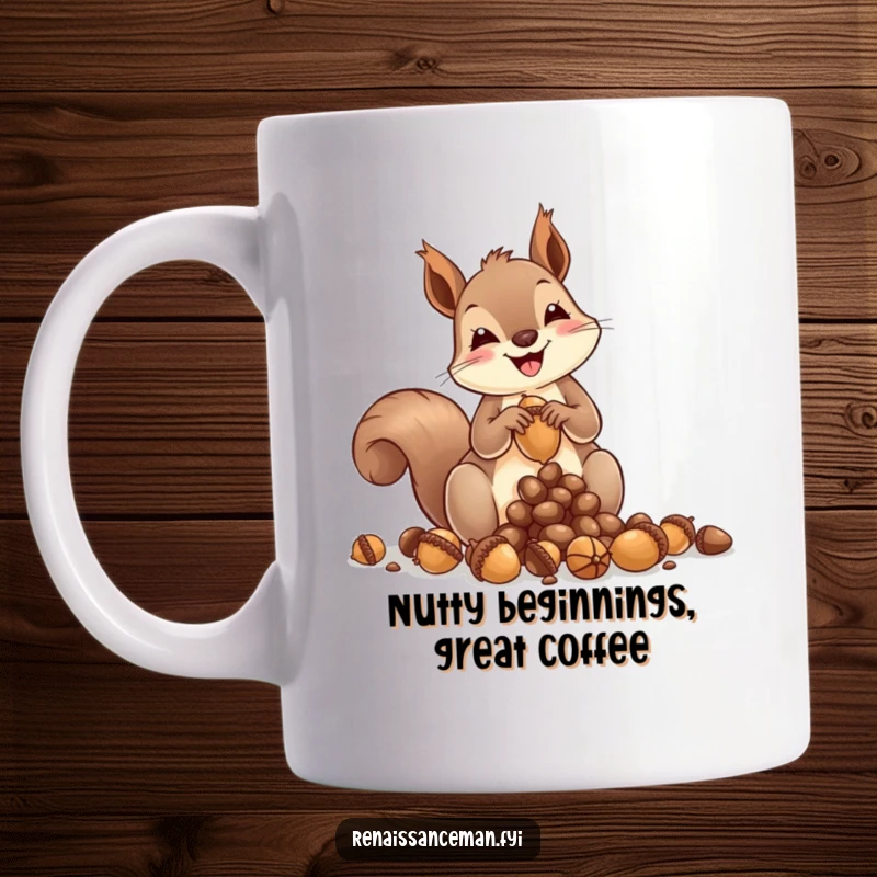 Funny squirrel mug, intensely focused, sculpting a miniature acorn art piece with tiny paws, surrounded by natural elements, showcasing artistic joy.