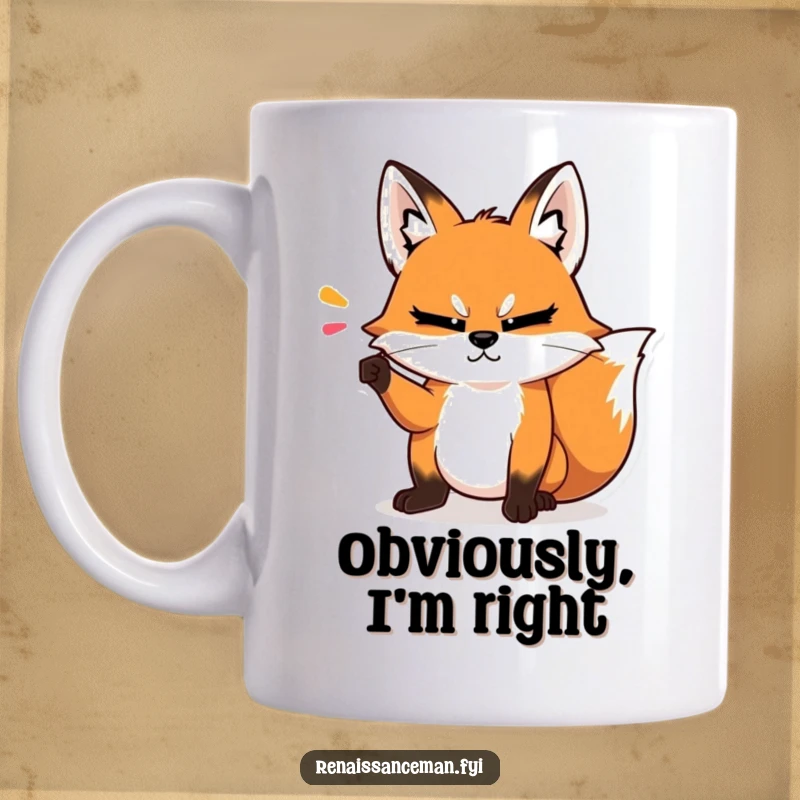 Funny mug featuring a smug fox making a dramatic point with a condescending head tilt, conveying intellectual humor.