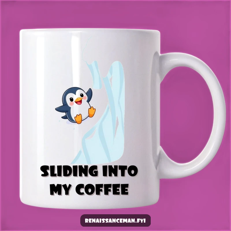 This funny mug features an adventurous penguin joyfully sliding down an icy wall. Perfect for thrill-seekers and penguin lovers.
