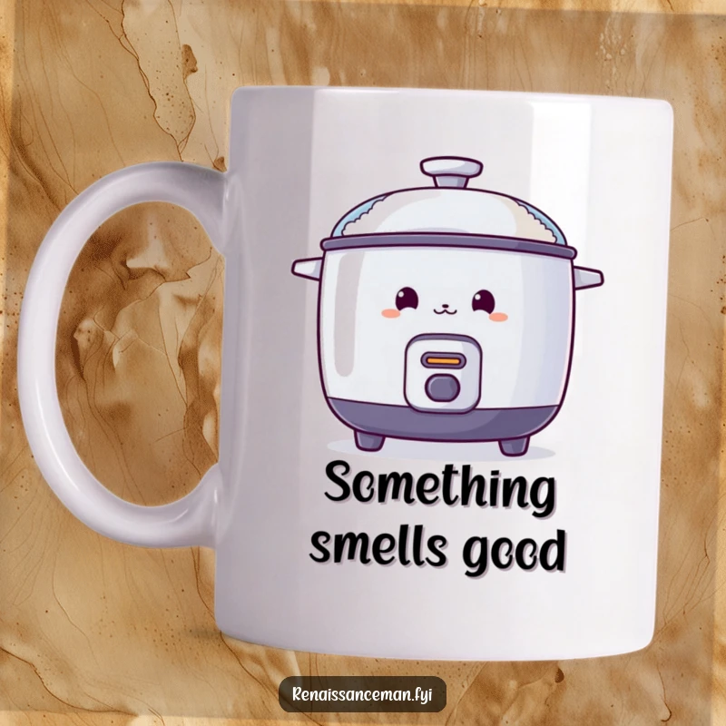 Funny mug showing a curious rice cooker peeking from behind a steaming lid, hinting at deliciousness within.
