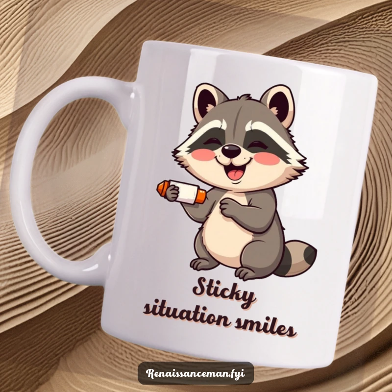 Funny mug: A giggling raccoon with a wide smile adorably uses a glue stick, embodying crafting fun.
