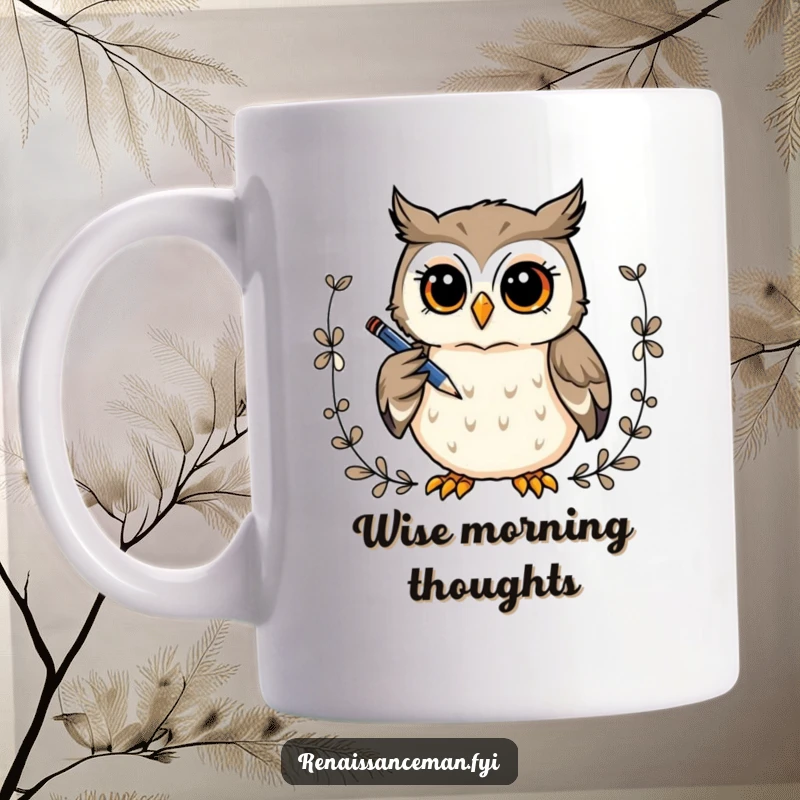 Funny mug: A curious owl thoughtfully draws a decorative border with a pen, showcasing artistic focus and wisdom.