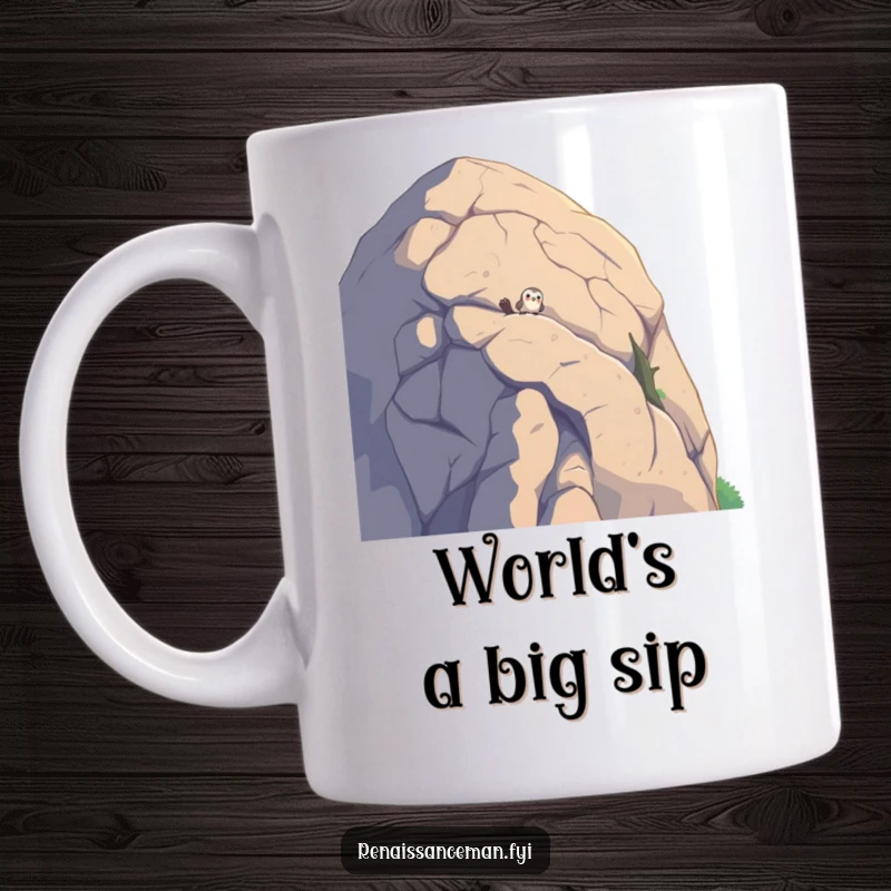 Funny mug showing a curious bird peeking over the edge of a massive boulder, highlighting exploration and gentle humor.