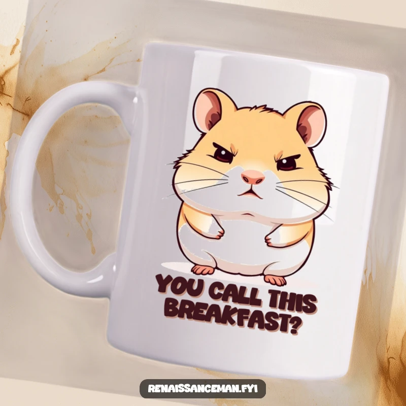 Funny mug featuring a proud hamster staring blankly with disdain, conveying judgmental humor and a touch of apathy.