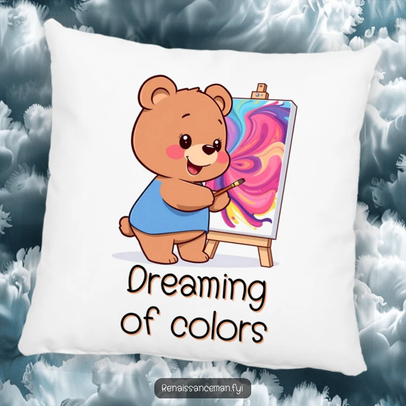 Funny pillow featuring a smiling bear painting a vibrant masterpiece, adding artistic and humorous comfort to any seating area.