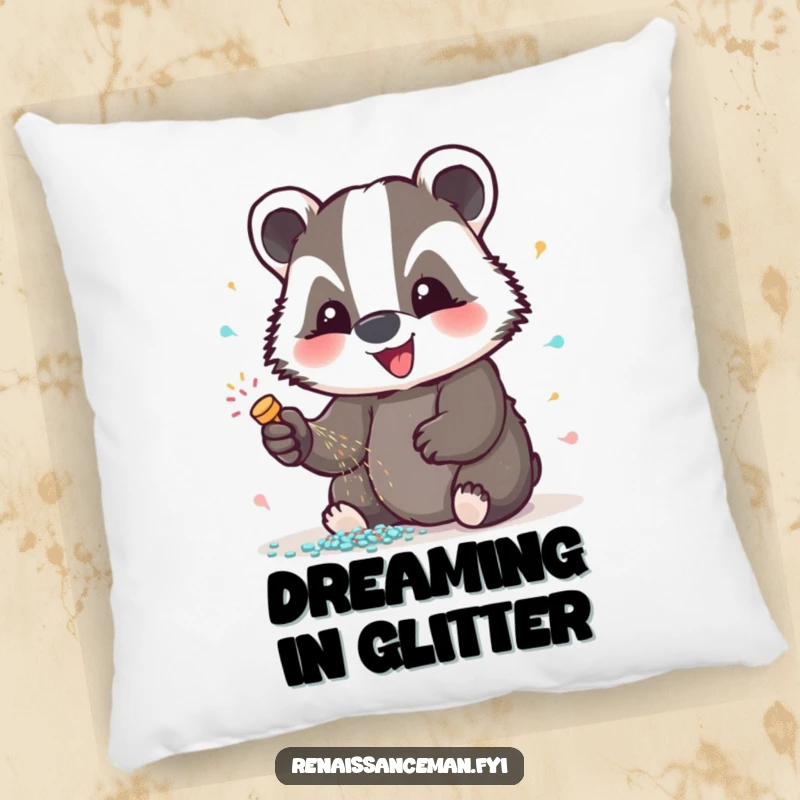 Funny badger glitter pillow, a soft cushion featuring a delighted badger spreading glitter, adding whimsical sparkle and humor to any relaxation space, great gift.