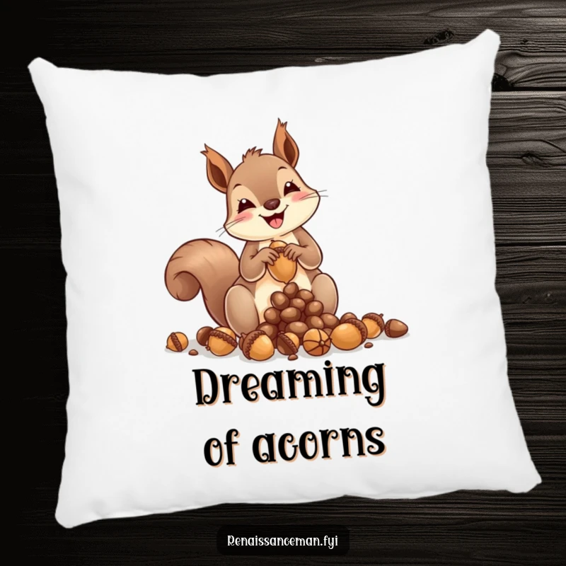 Funny squirrel pillow, joyfully sculpting acorn art, soft and cuddly, perfect accent for sofas and beds, whimsical woodland decor.