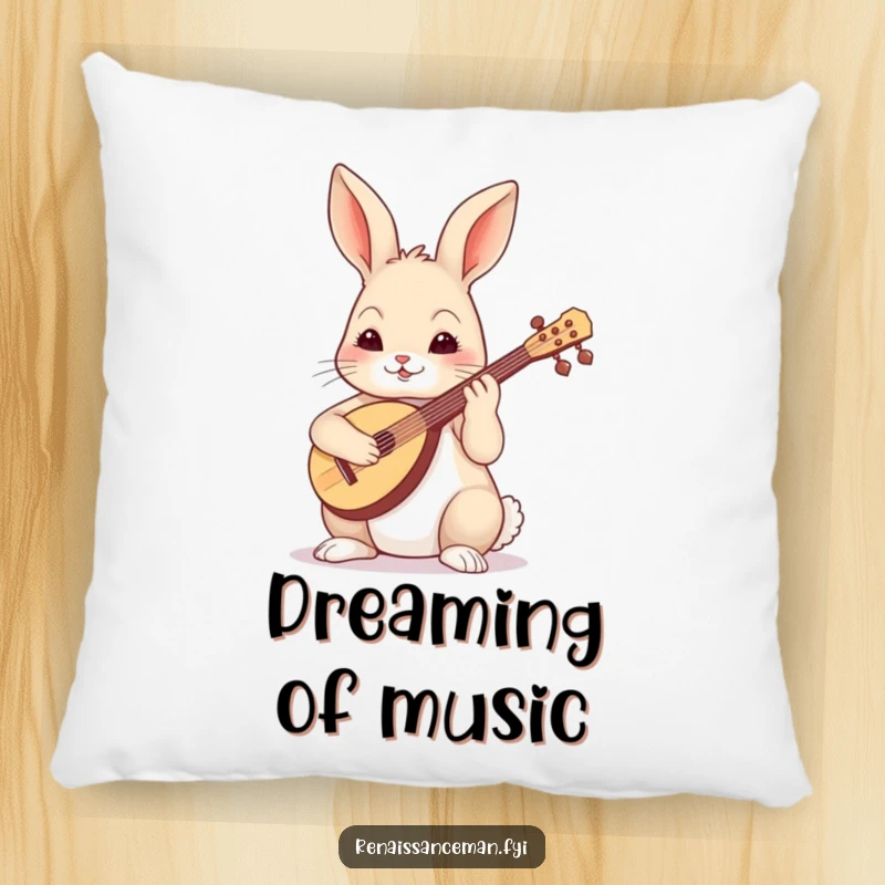 Funny skilled rabbit playing a lute with focus, designed for a soft and musical decorative pillow.