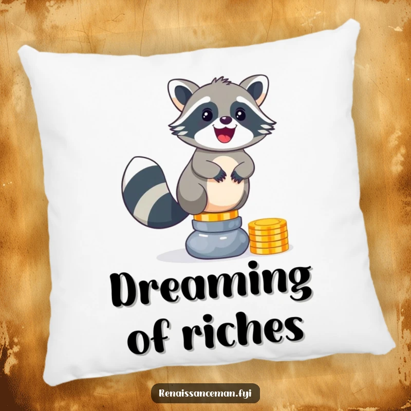 Funny raccoon pillow featuring a delighted creature balancing a precarious stack of shiny coins, soft and huggable.