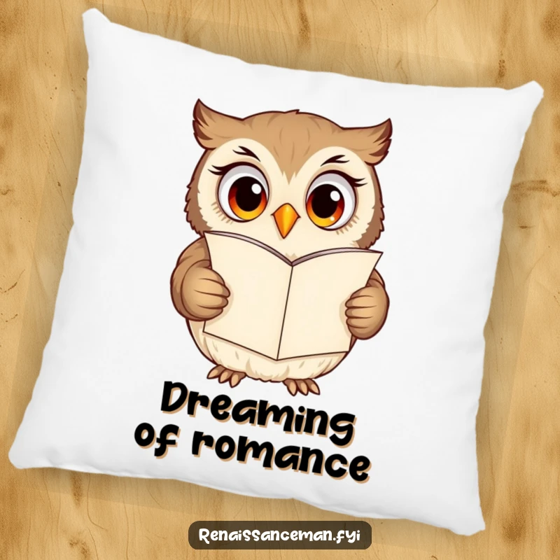 Funny owl pillow, curious owl with wide eyes reading a romantic love letter, cozy home decor.