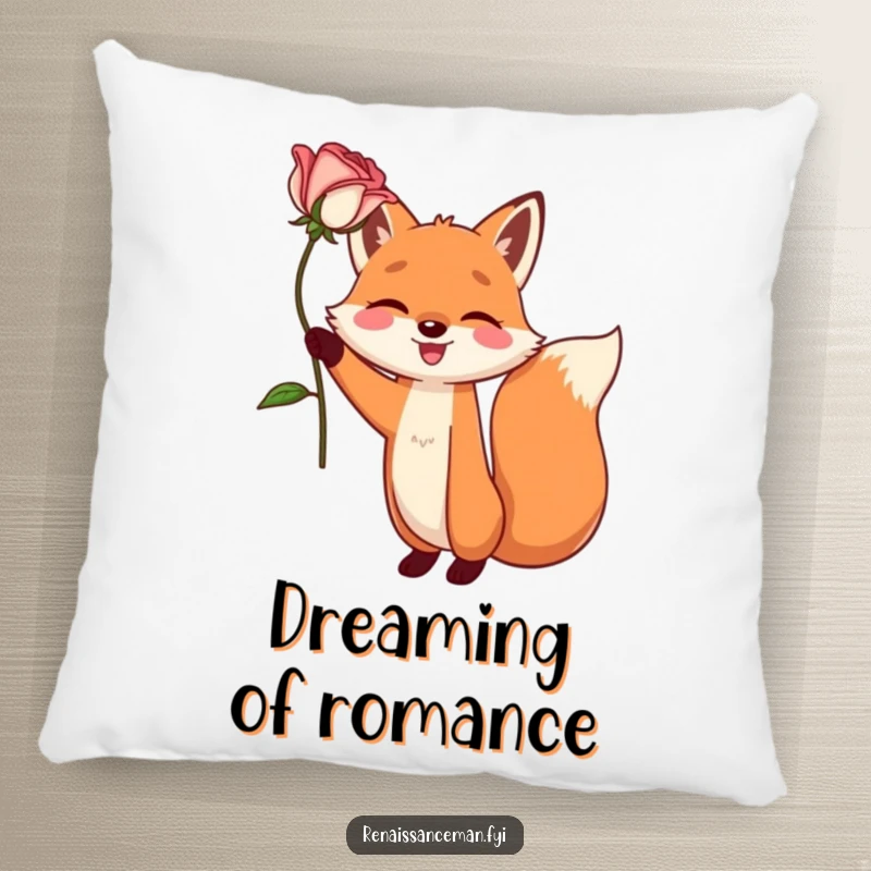 Funny pillow featuring a happy fox character dramatically holding a single, perfect rose aloft. Soft and romantically humorous.