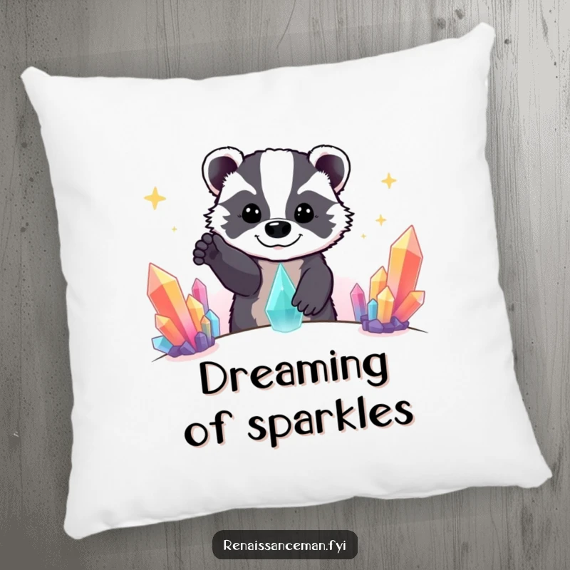 Funny Beaming Badger Reaching for Distant Colorful Crystal Formation, Soft Accent Pillow, Humorous Home Decor.