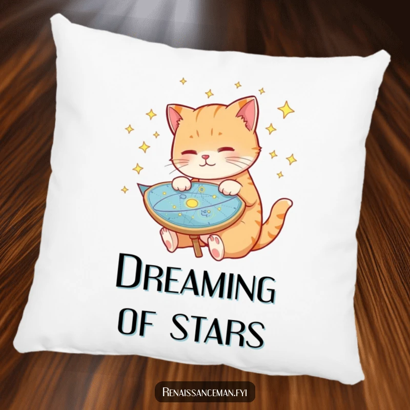 Funny cat pillow, resting peacefully near a celestial map adorned with glittering stars, soft and plush, ideal for cozying up.