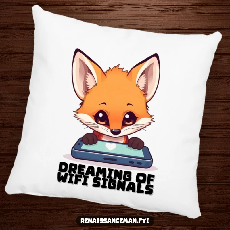Funny fox with wide, curious eyes fixated on a mobile device, designed for a soft and humorous decorative pillow.